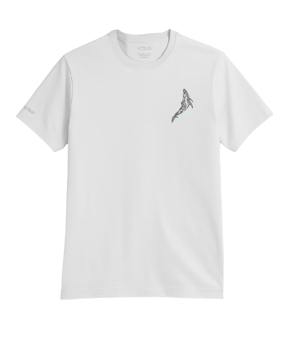 White t-shirt with a small black and gray graphic on a white background View 4