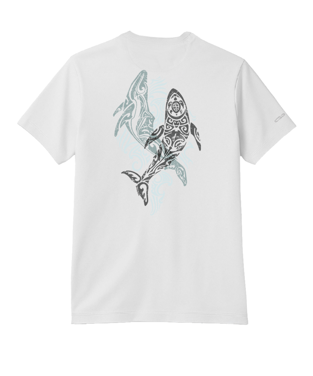 White t-shirt with shark design on the back against a white background View 1
