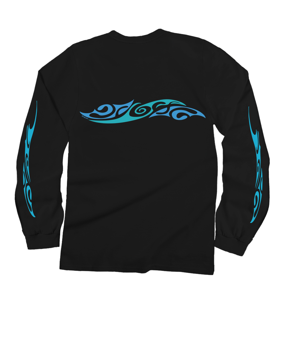 Black long-sleeve shirt with blue tribal designs on sleeves and back against a white background View 4