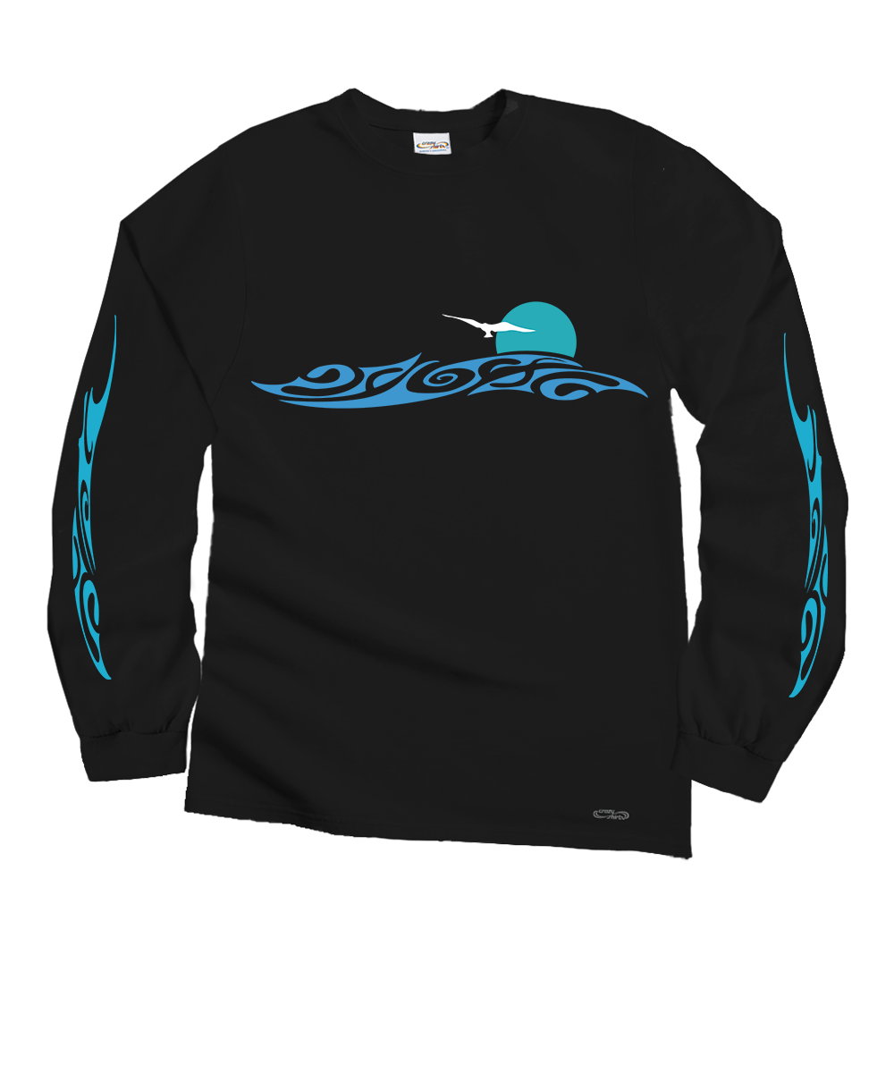 Black long-sleeve shirt with blue wave and white bird design on a white background View 1