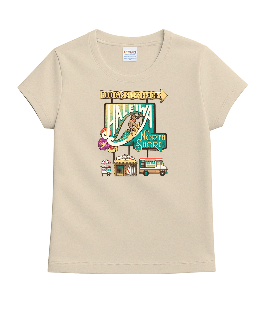 Beige t-shirt with a colorful graphic design on a white background