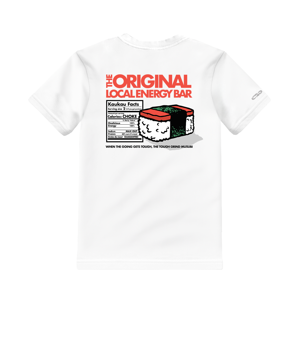 White t-shirt with a graphic design of a spam musubi and text on a white background View 1