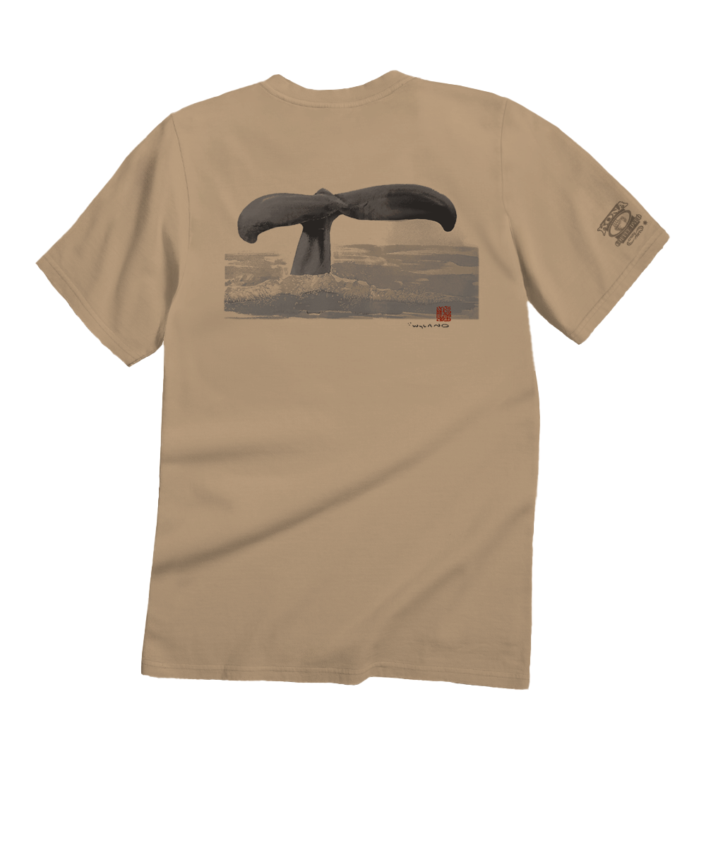 Beige t-shirt with whale tail graphic on a white background View 1