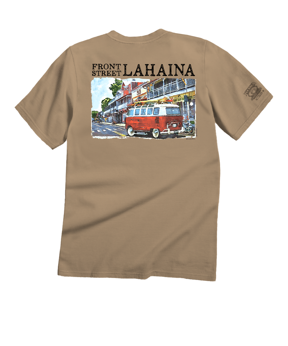 Beige t-shirt with a graphic of a red van and 'Front Street Lahaina' text on a white background View 1