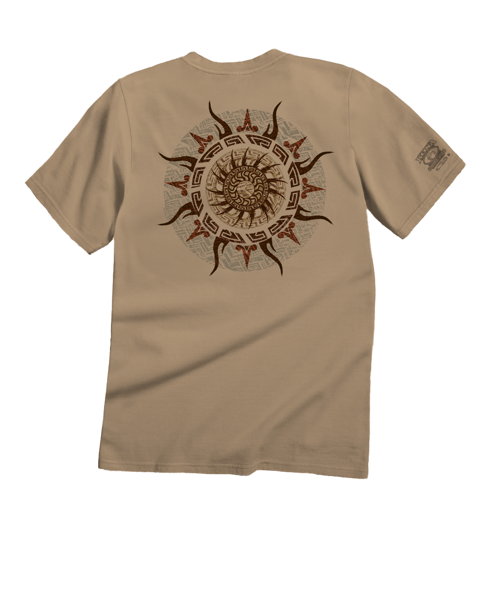 Beige t-shirt with a central circular design featuring tribal patterns on a white background View 1