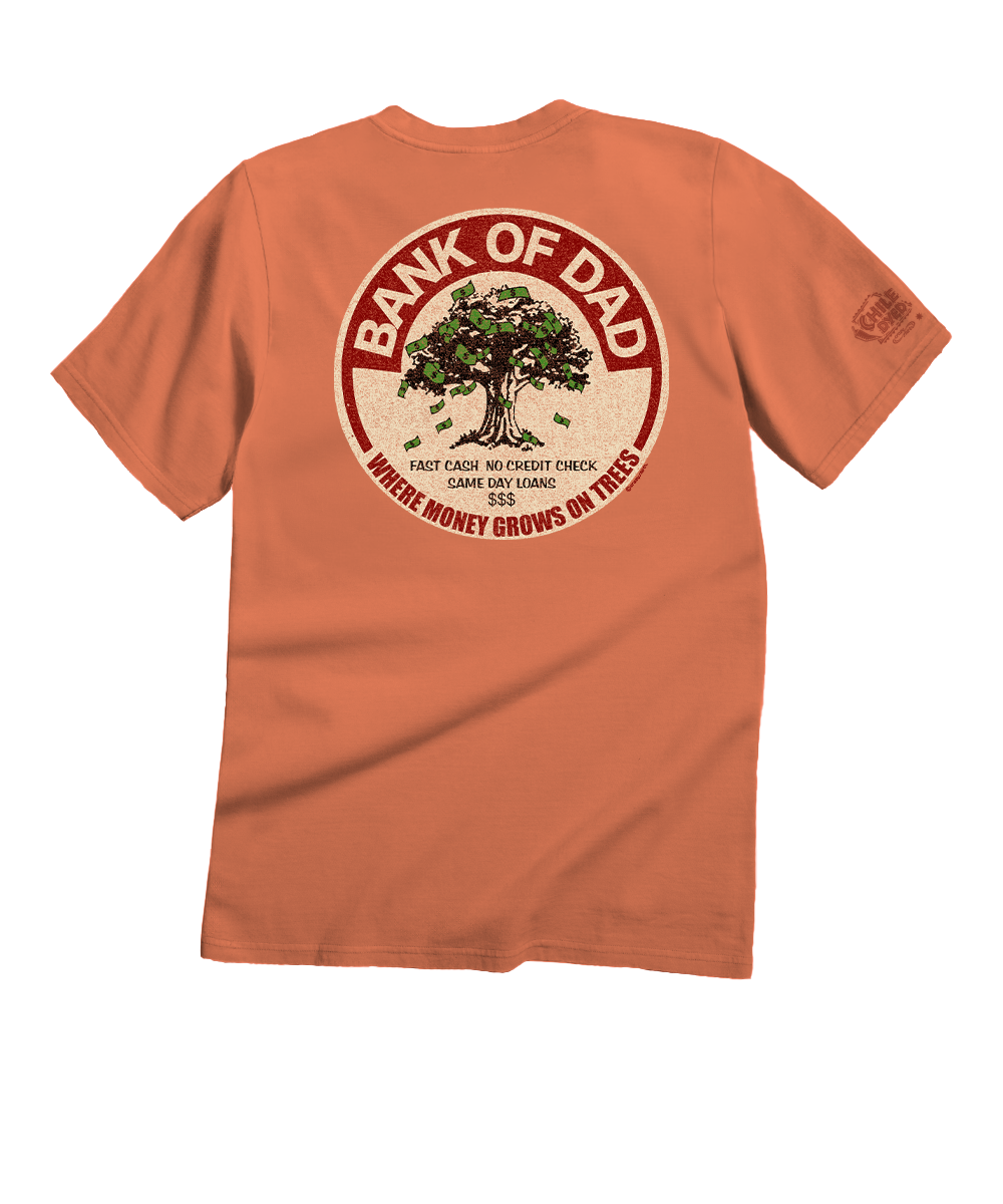 Brown t-shirt with a graphic design on the back featuring text and an illustration of a tree. View 1