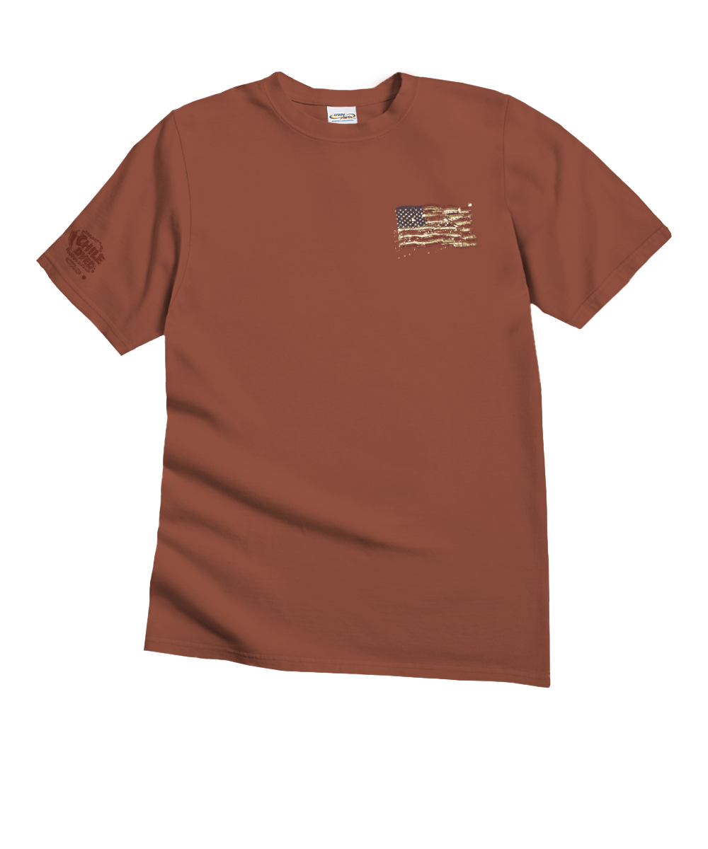 Light red t-shirt with a small flag design on a white background View 4