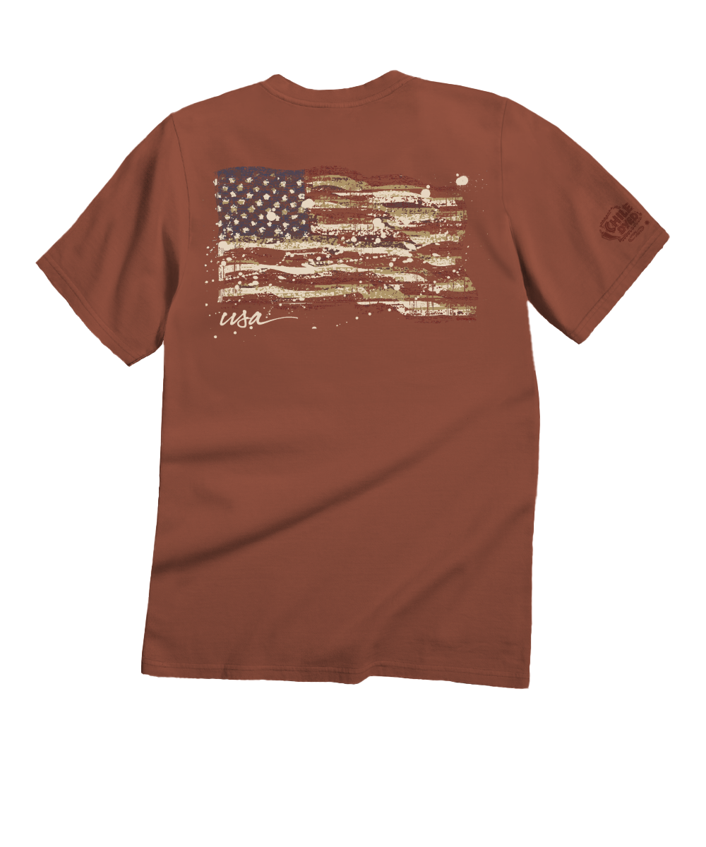 Light red t-shirt with American flag graphic on the back against a white background View 1