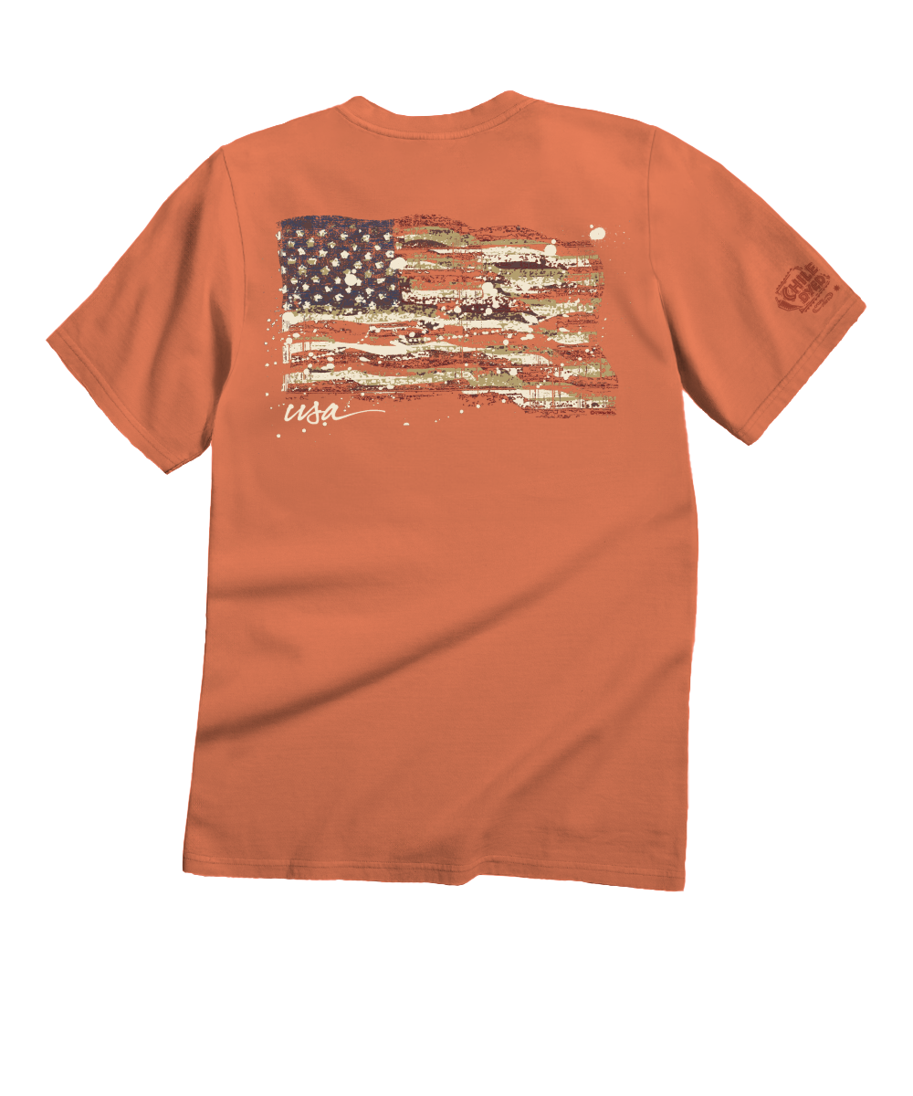 Light red t-shirt with American flag graphic on the back against a white background View 1