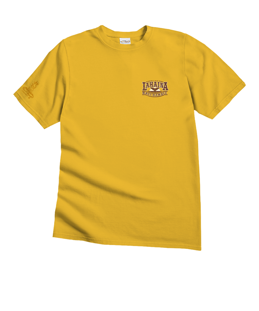 Yellow t-shirt with a logo on the chest against a white background View 4