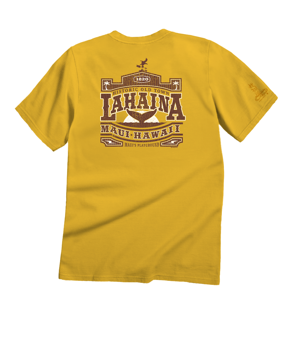 Yellow t-shirt with 'Historic Old Town Lahaina Maui Hawaii' text on the back against a white background View 1