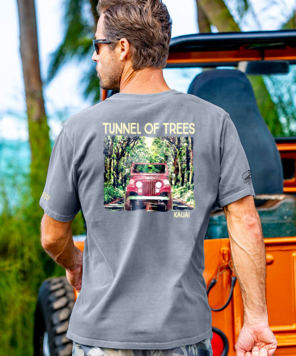 A person wearing a gray short sleeve crewneck t-shirt with a graphic of a Jeep in the Tunnel of Trees on the back. View 2