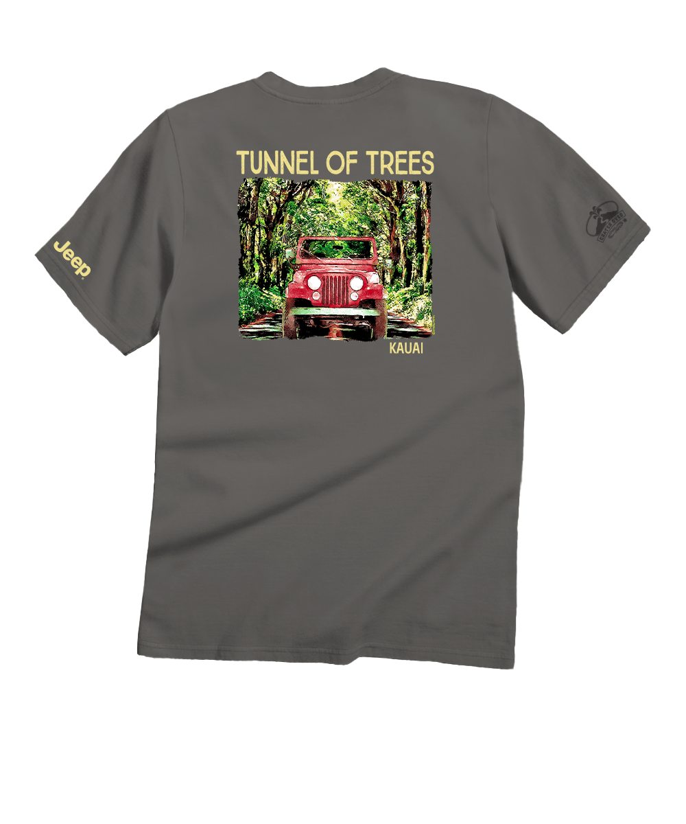 Gray t-shirt with a Jeep graphic and 'Tunnel of Trees' text on the back, on a white background. View 1
