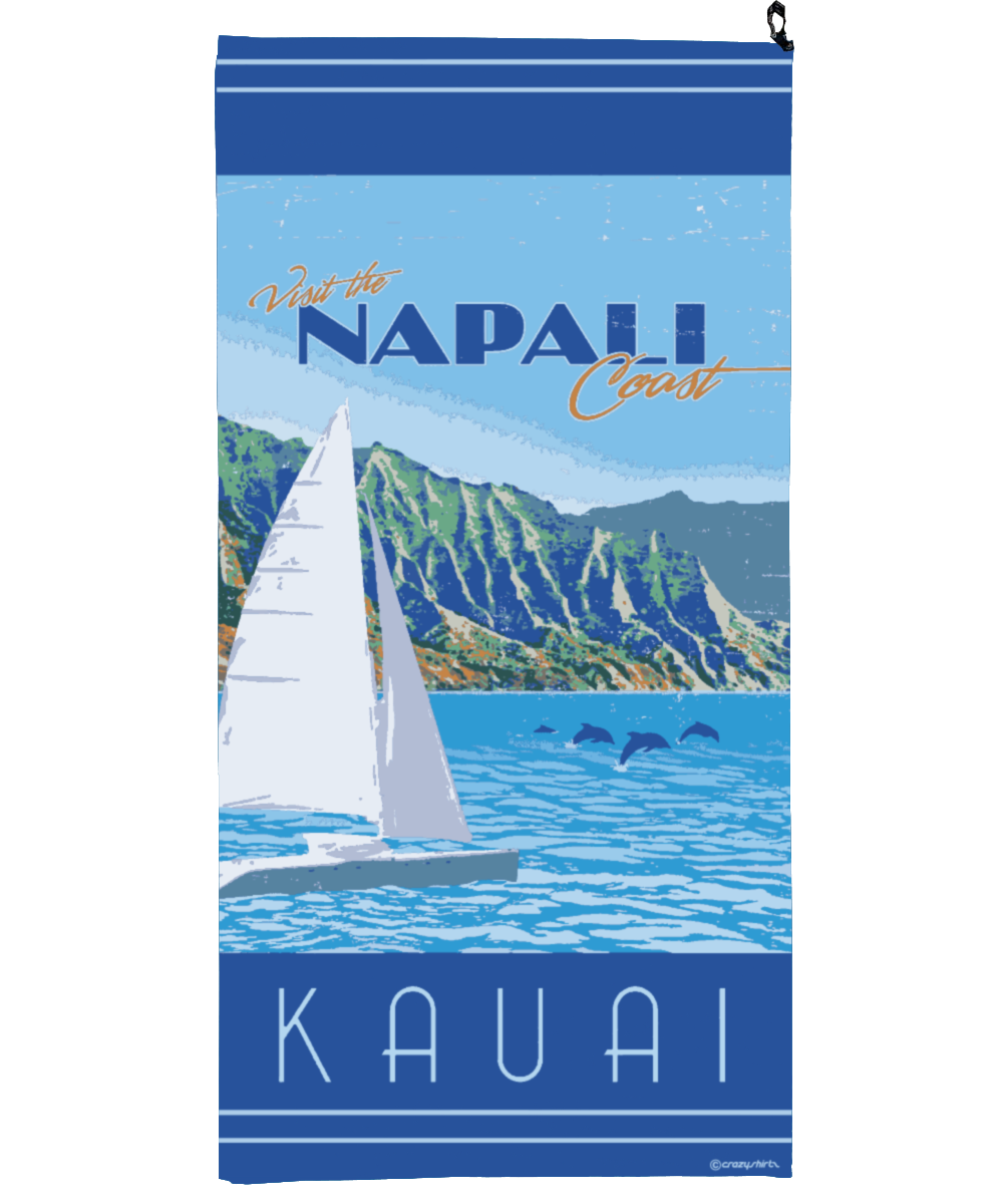 Towel with a sailboat, ocean and mountains design, featuring 'Napali Coast Kauai' text. View 1