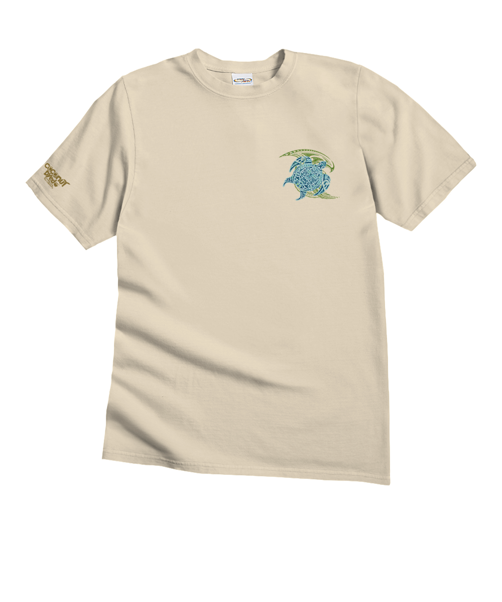Beige t-shirt with a graphic design on a white background View 4