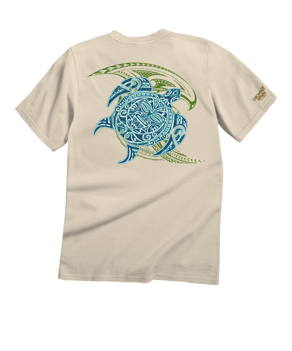 Beige t-shirt with a blue and green turtle design on a white background View 1