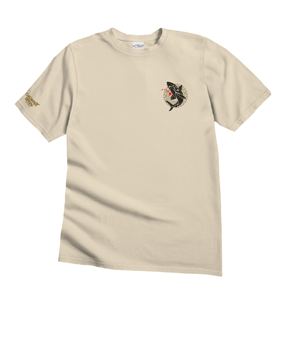 Beige t-shirt with a shark graphic on a white background View 4