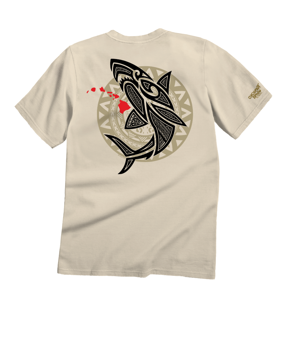 Beige t-shirt with black and red graphic design on a white background View 1