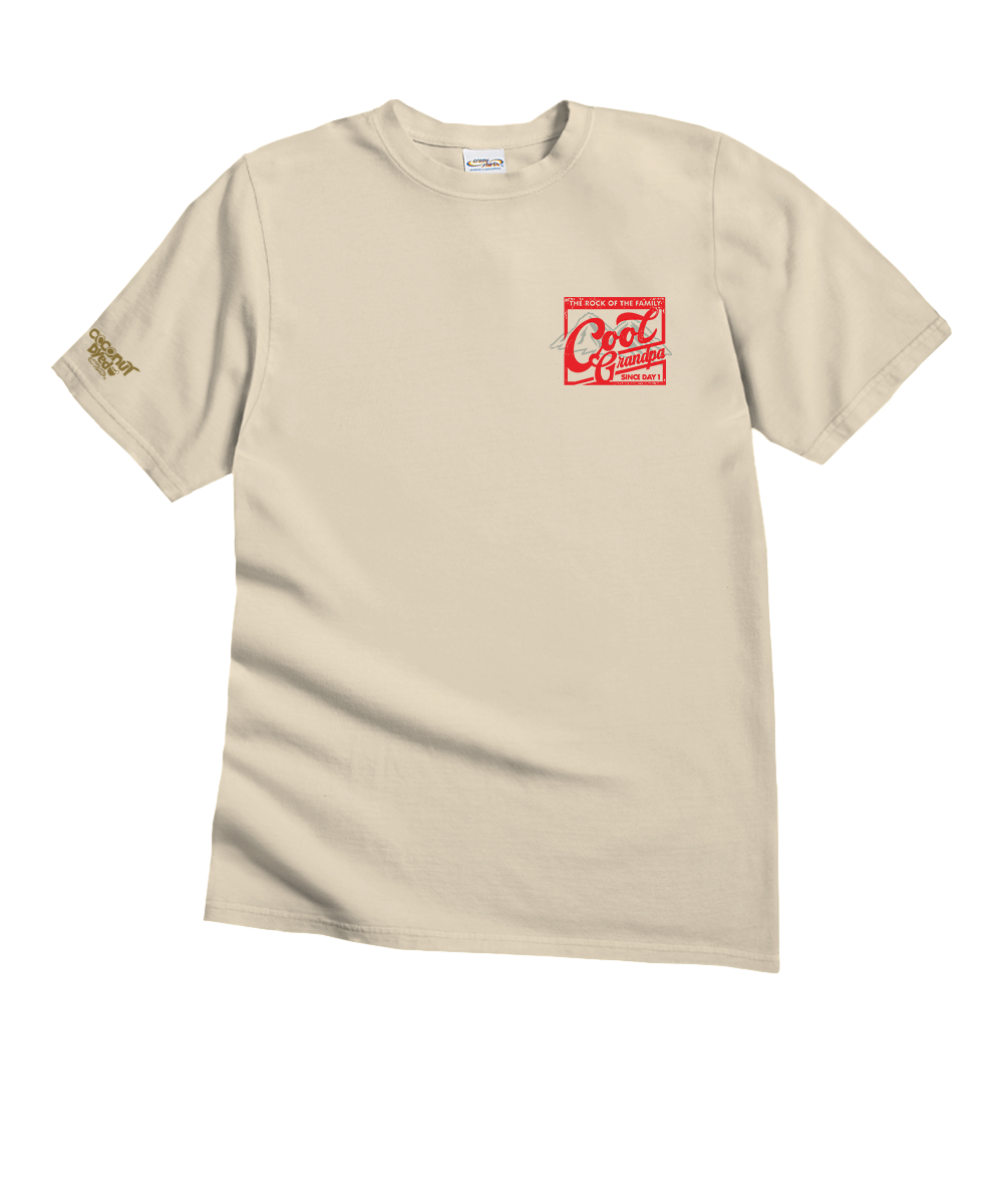 Beige t-shirt with red logo on a white background View 4