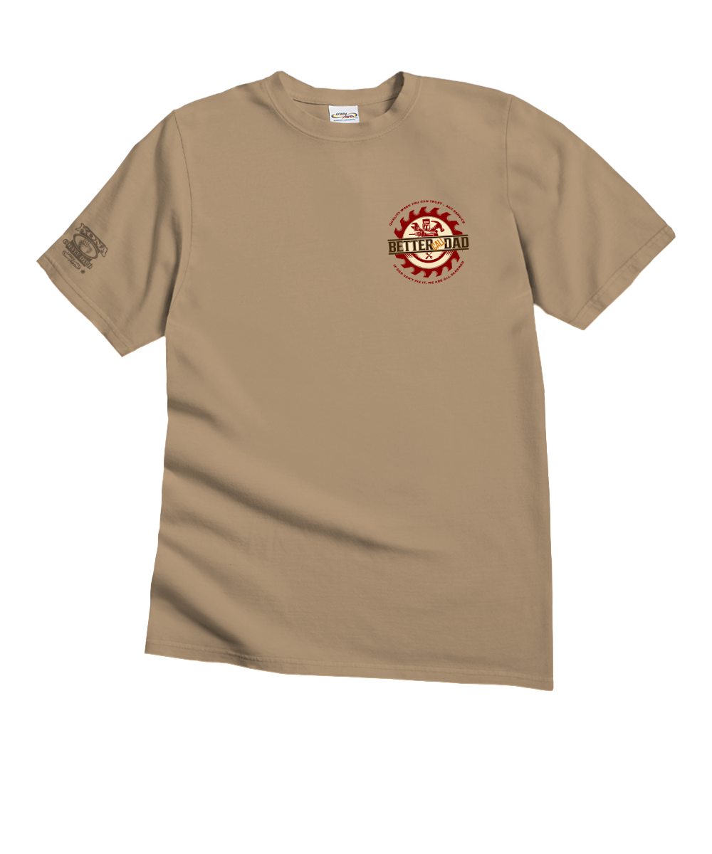 Tan t-shirt with logo on white background View 4
