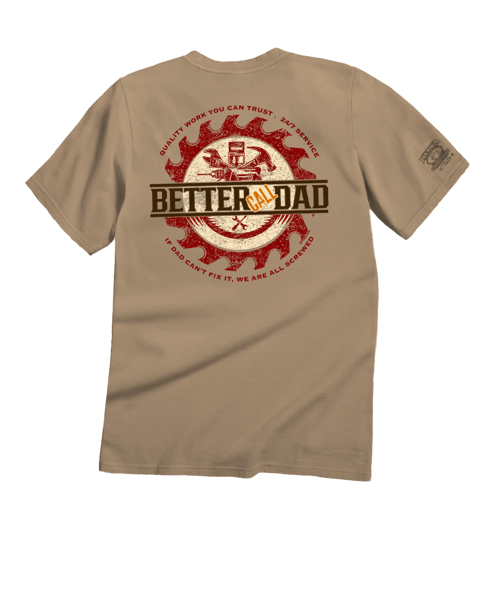 Beige t-shirt with 'Better Dad' graphic on the back against a white background View 1