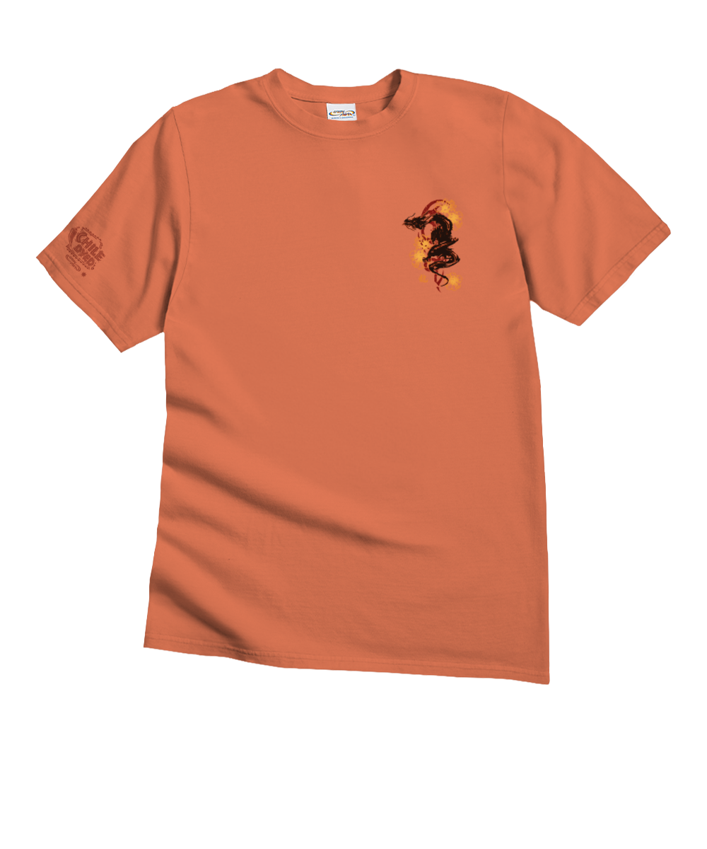 Light red t-shirt with a small graphic on a white background View 4