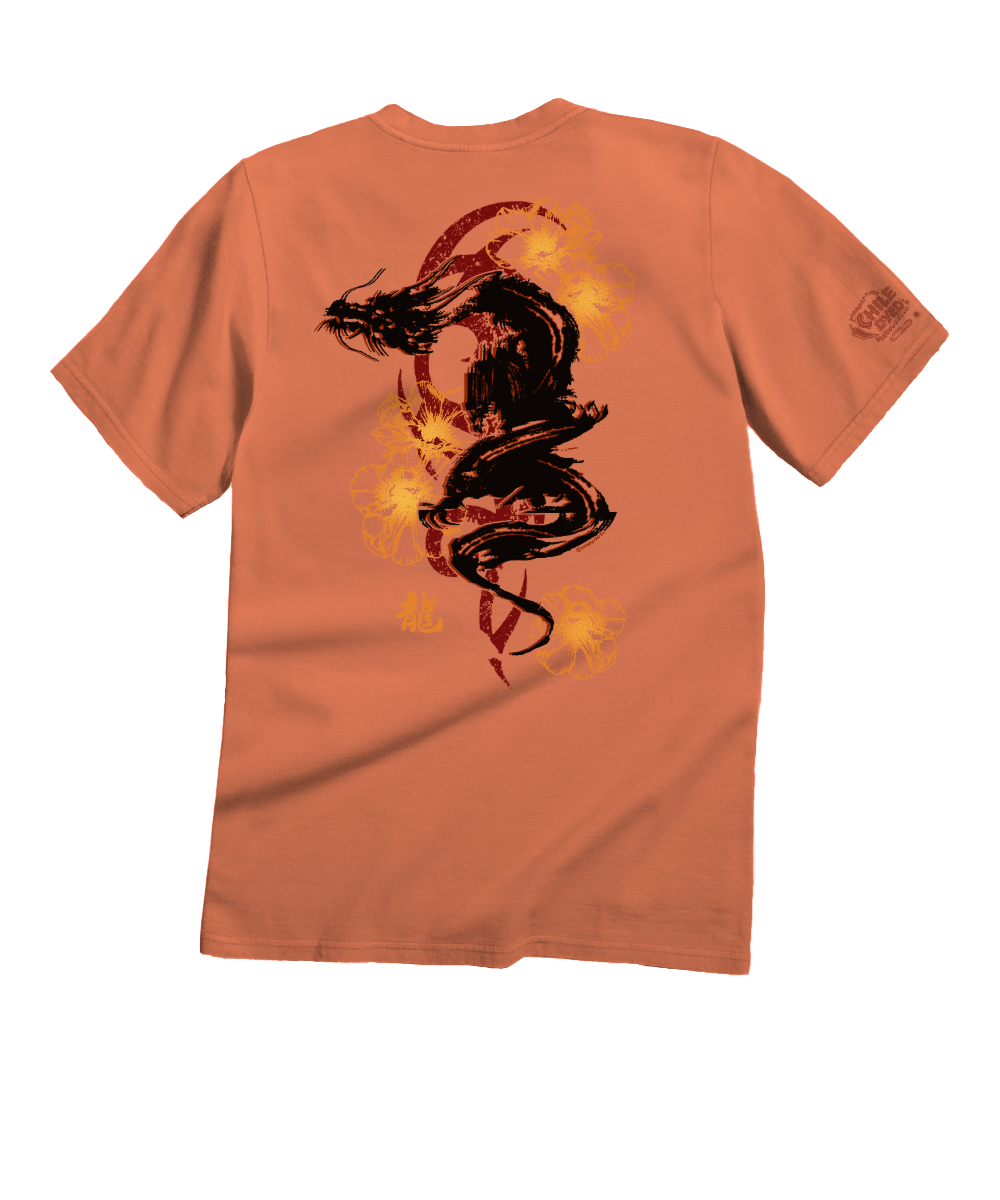 Light red t-shirt with a dragon design on the back against a white background View 1