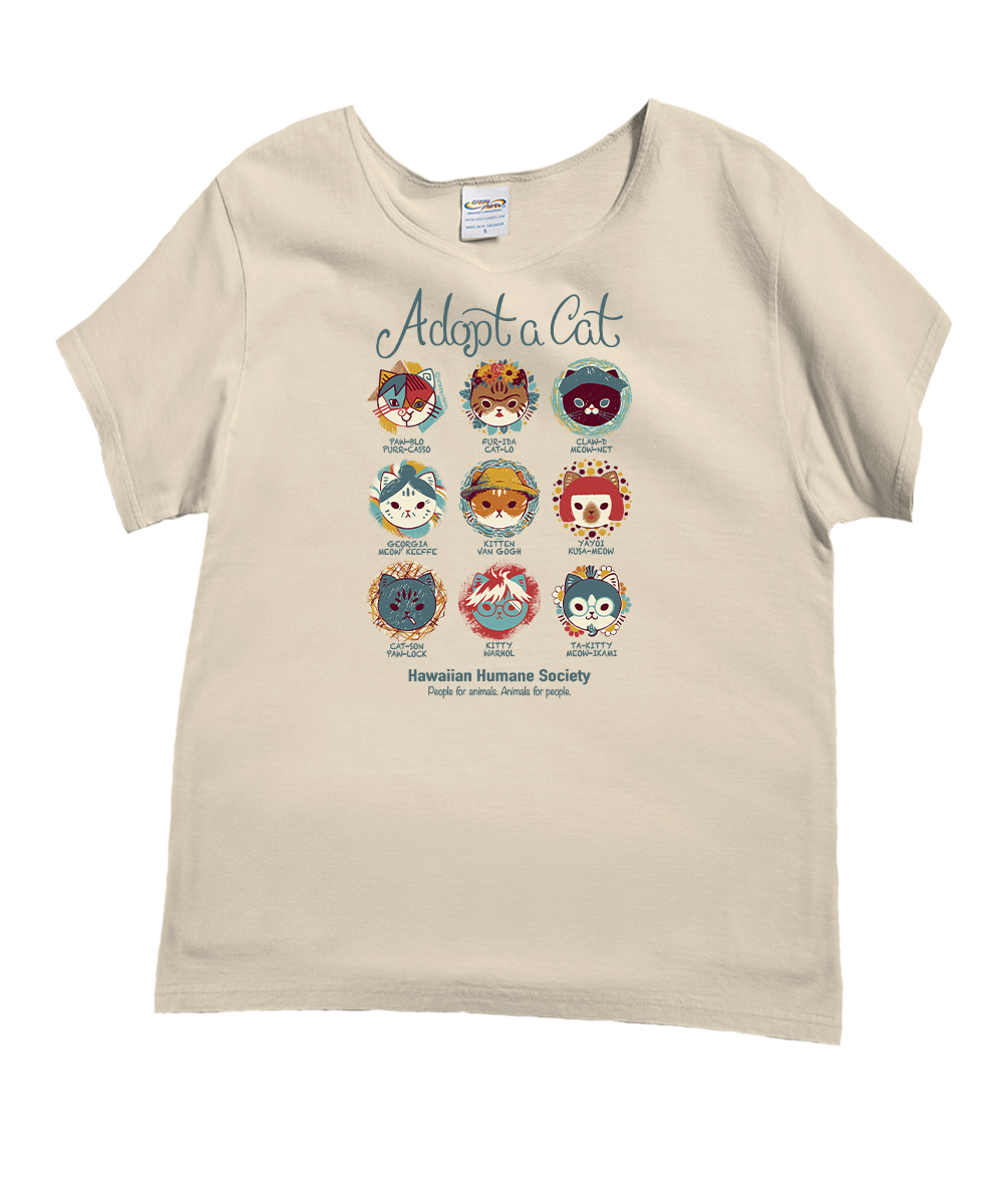 Beige t-shirt with cartoon cat illustrations and text on a white background