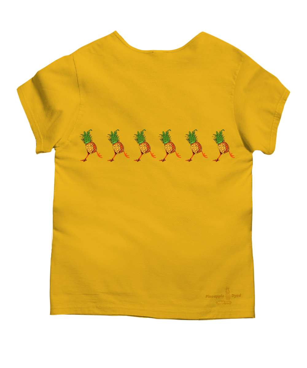 A yellow t-shirt with pineapple and rooster design across the back on a white background. View 4