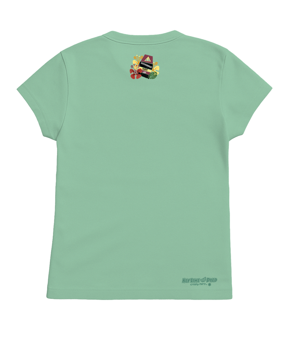 Light green t-shirt with a small colorful graphic on the top back on a white background. View 4
