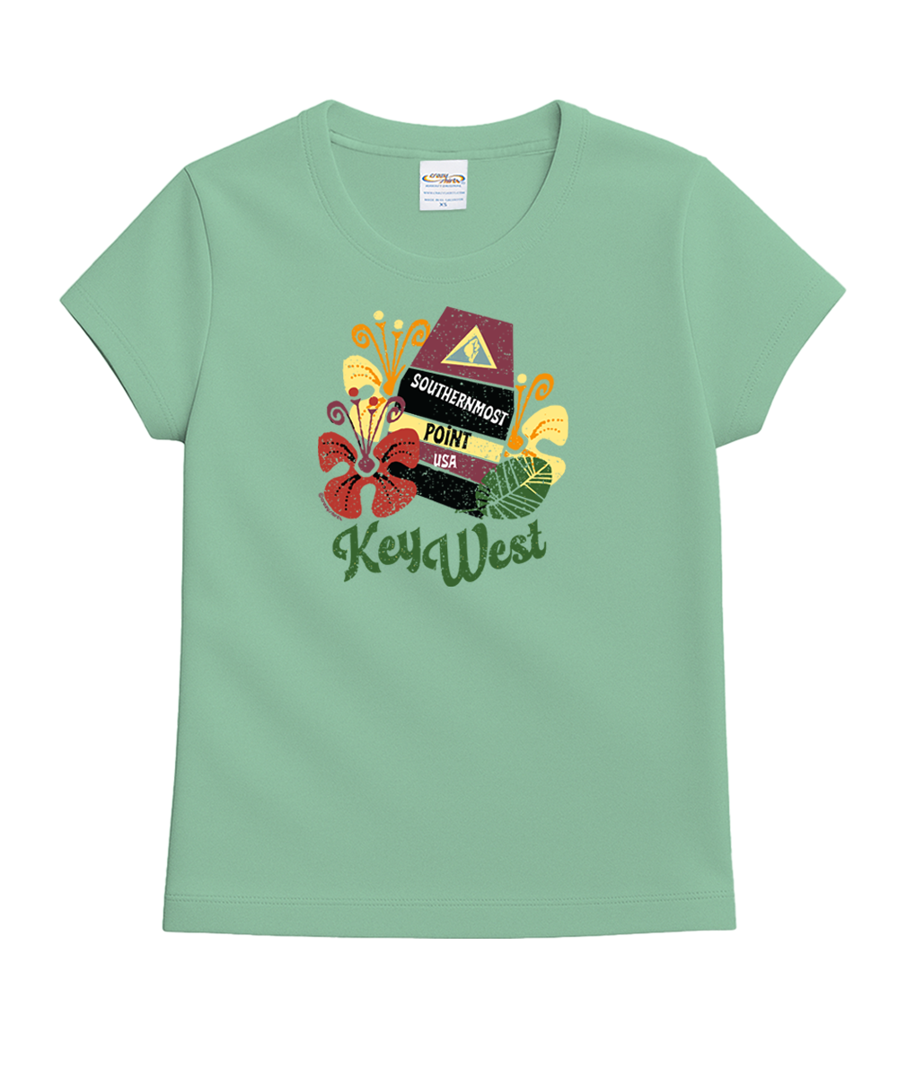 Light green t-shirt with Key West-themed graphic design on a white background View 1