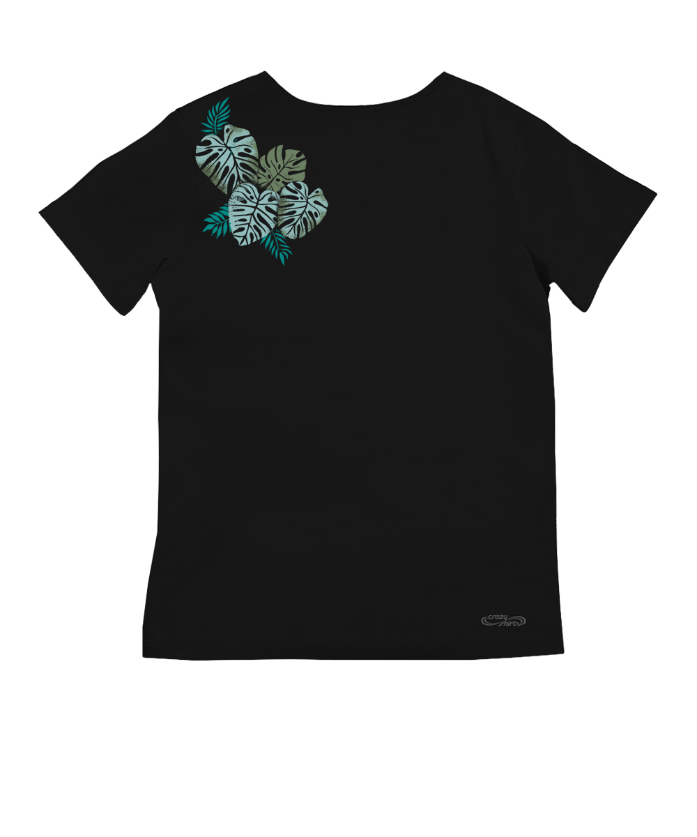 A jet black short sleeve pima t-shirt with a green tropical leaf design on the back upper left shoulder area on a white background. View 4