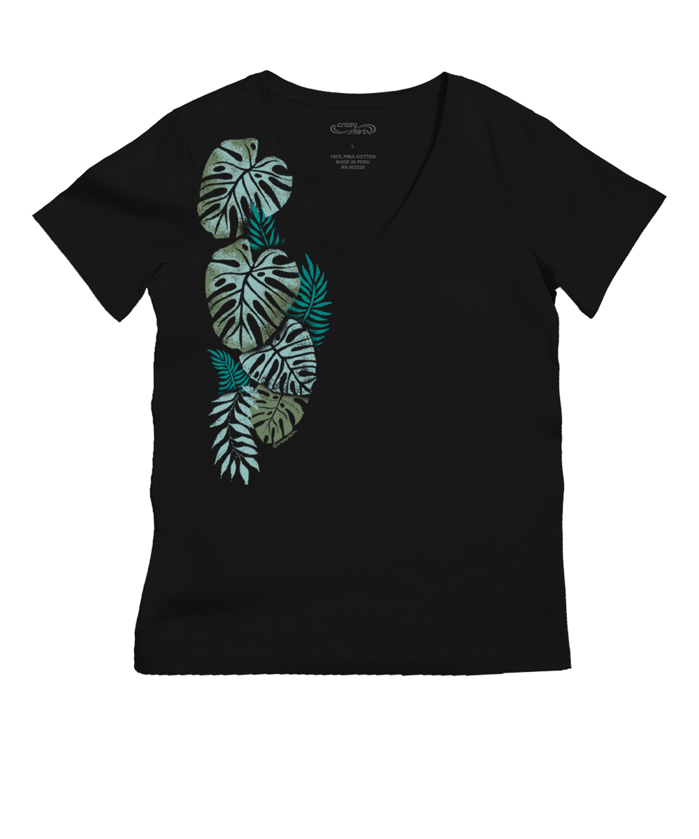 Black t-shirt with green tropical leaf design on a white background View 1