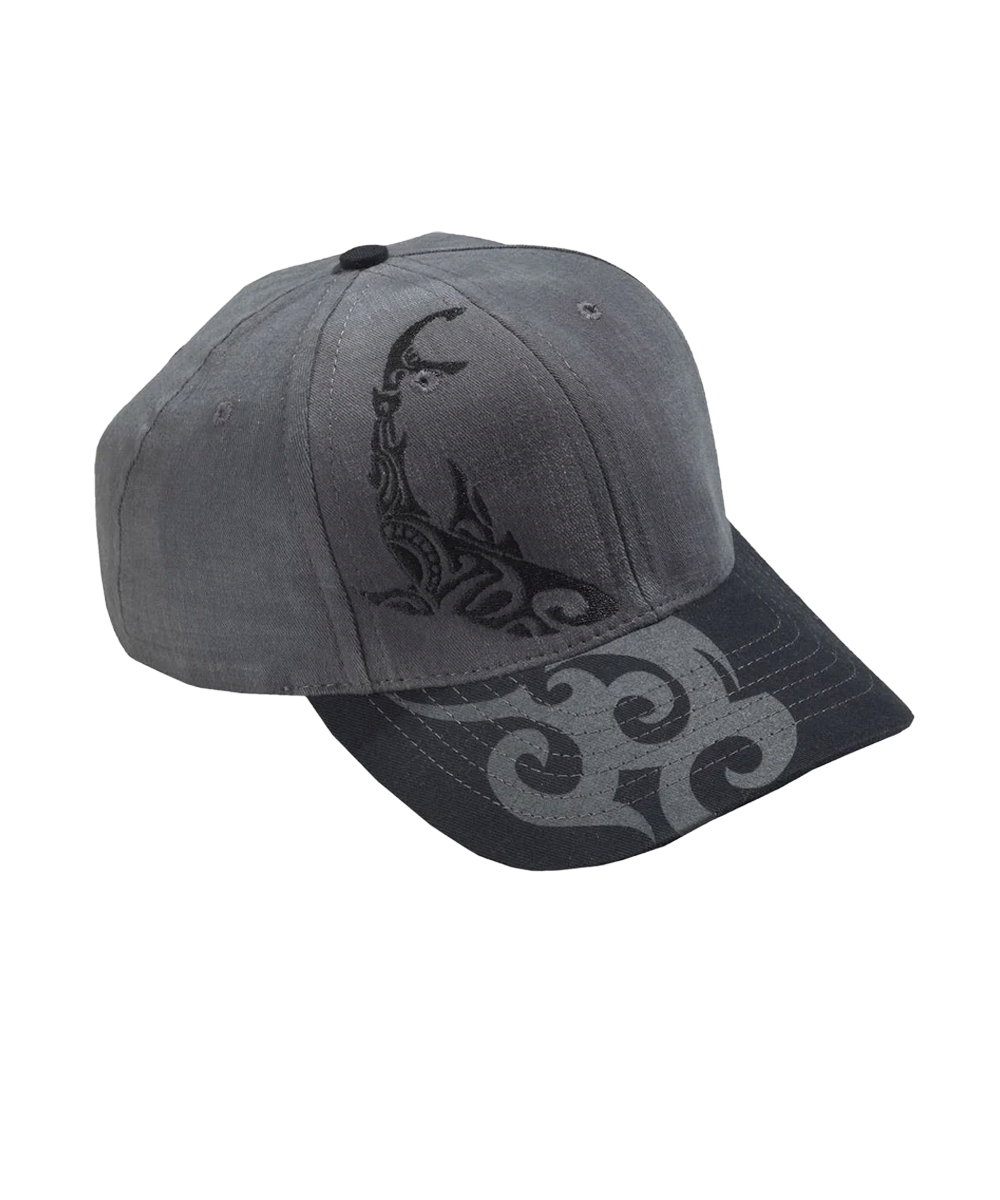 Gray cap with black tribal design on a white background View 1