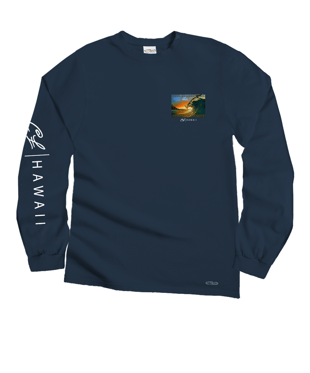 Navy long-sleeve shirt with Hawaii text on sleeve and scenic graphic on chest against a white background View 4