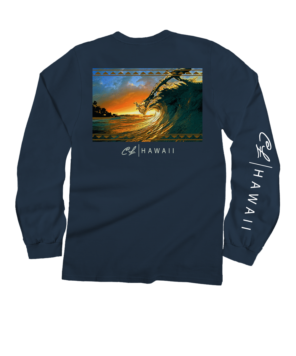 Navy blue long-sleeve shirt with a graphic of a wave and sunset on the back, Clark Little logo on sleeve. View 1