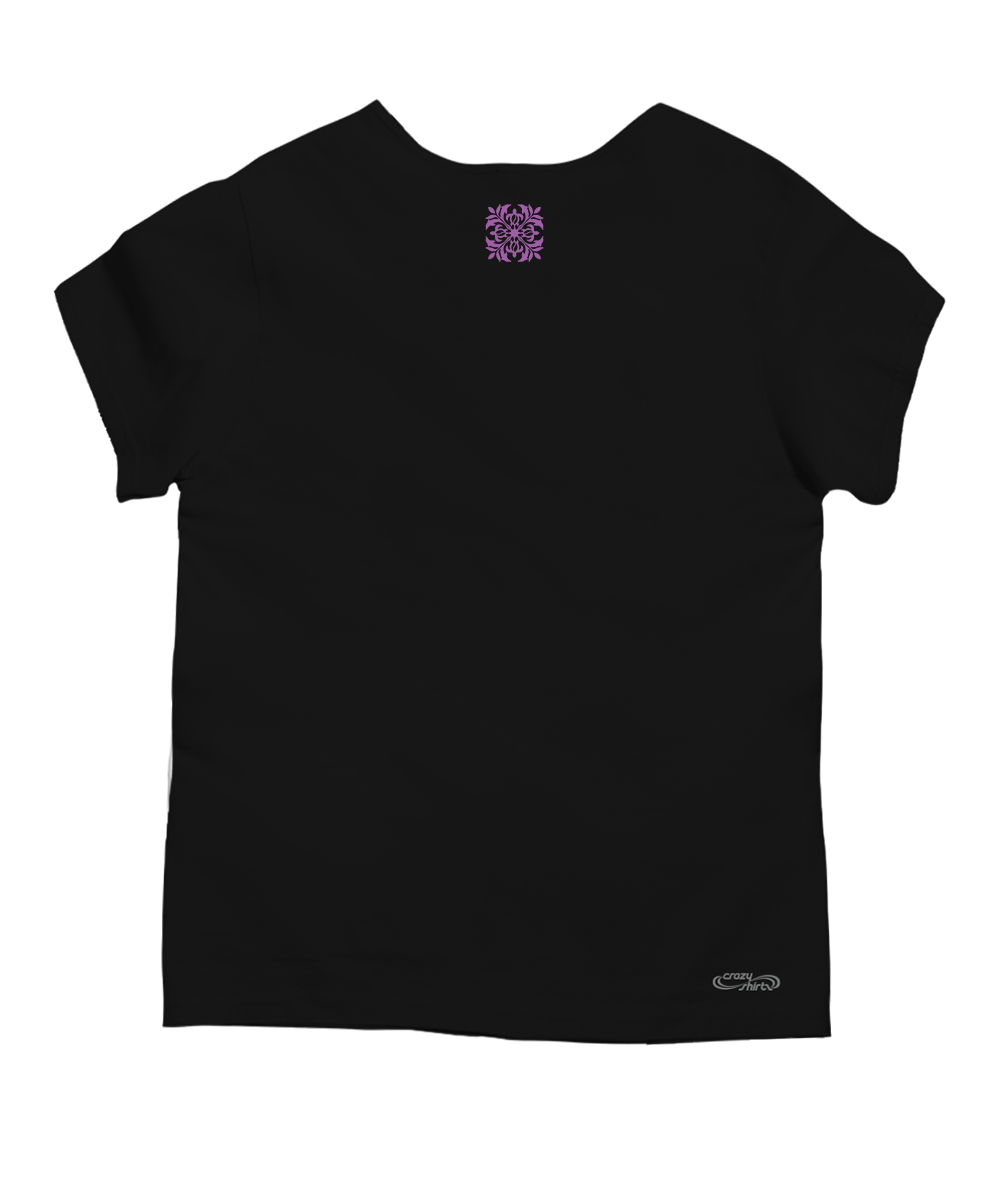 A black scoop neck t-shirt with a small purple Quilt floral design on the top middle area on a white background. View 4
