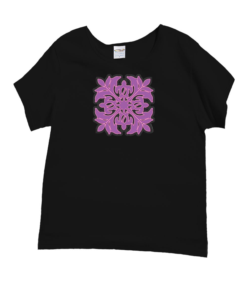 Black t-shirt with a purple Quilt floral design on a white background View 1