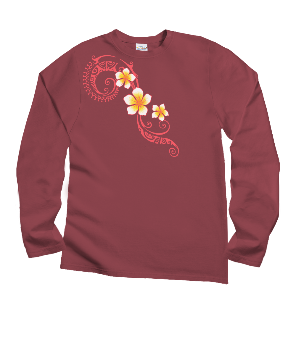 Plumeria Tatau T-Shirt | Women's Paradise Red Dyed Long Sleeve