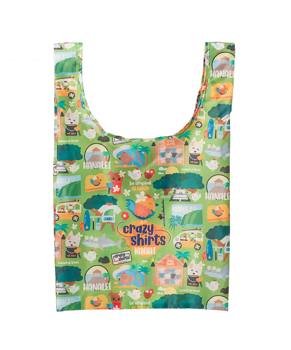 Reusable bag with a colorful pattern representing the island Kauai on a green background