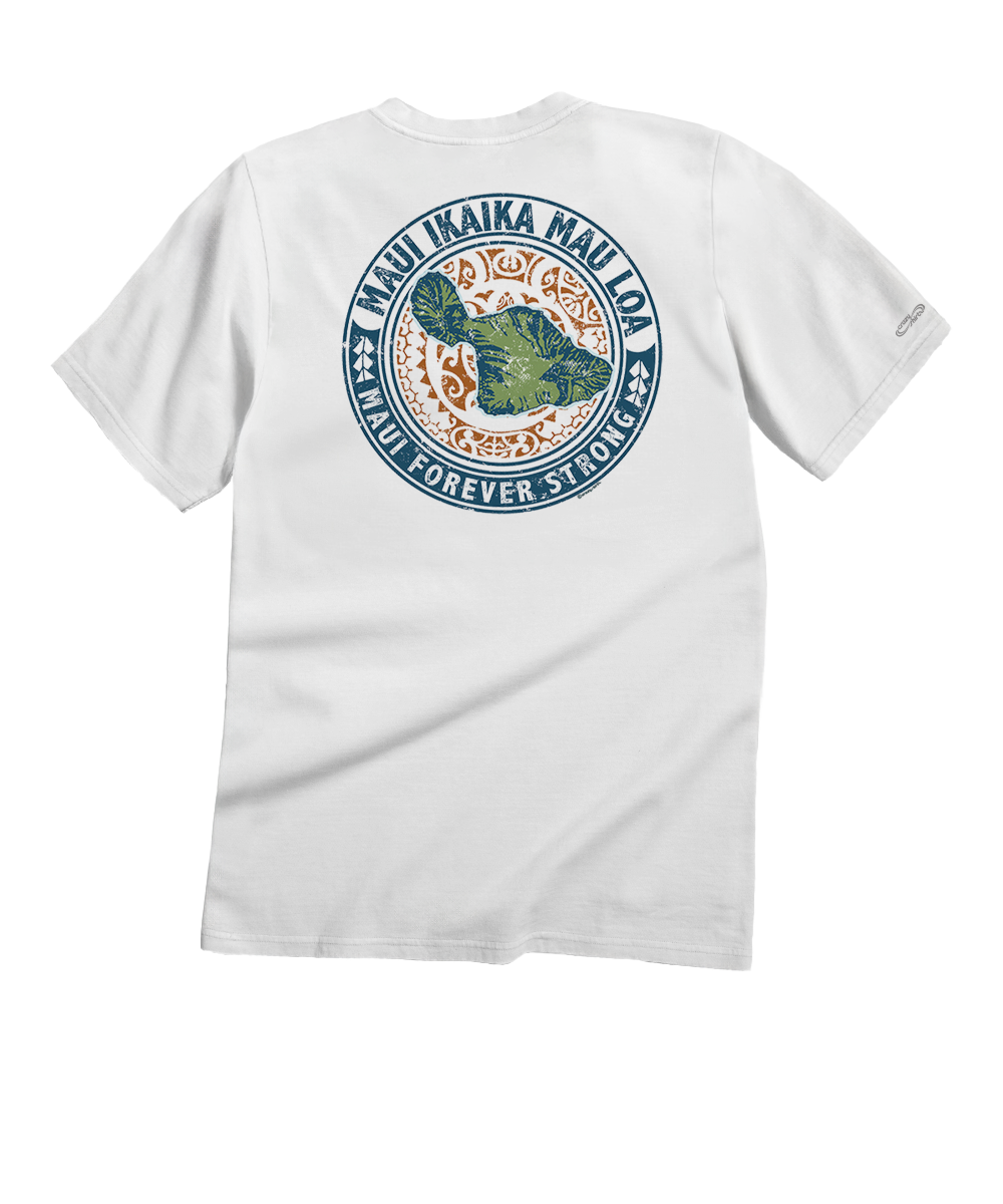 White t-shirt with a graphic design on the back featuring text and the island Maui, on a white background.
