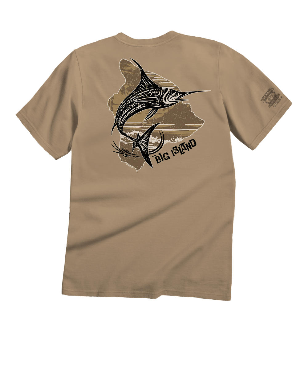 Beige t-shirt with marlin graphic and 'Big Island' text on a white background View 1