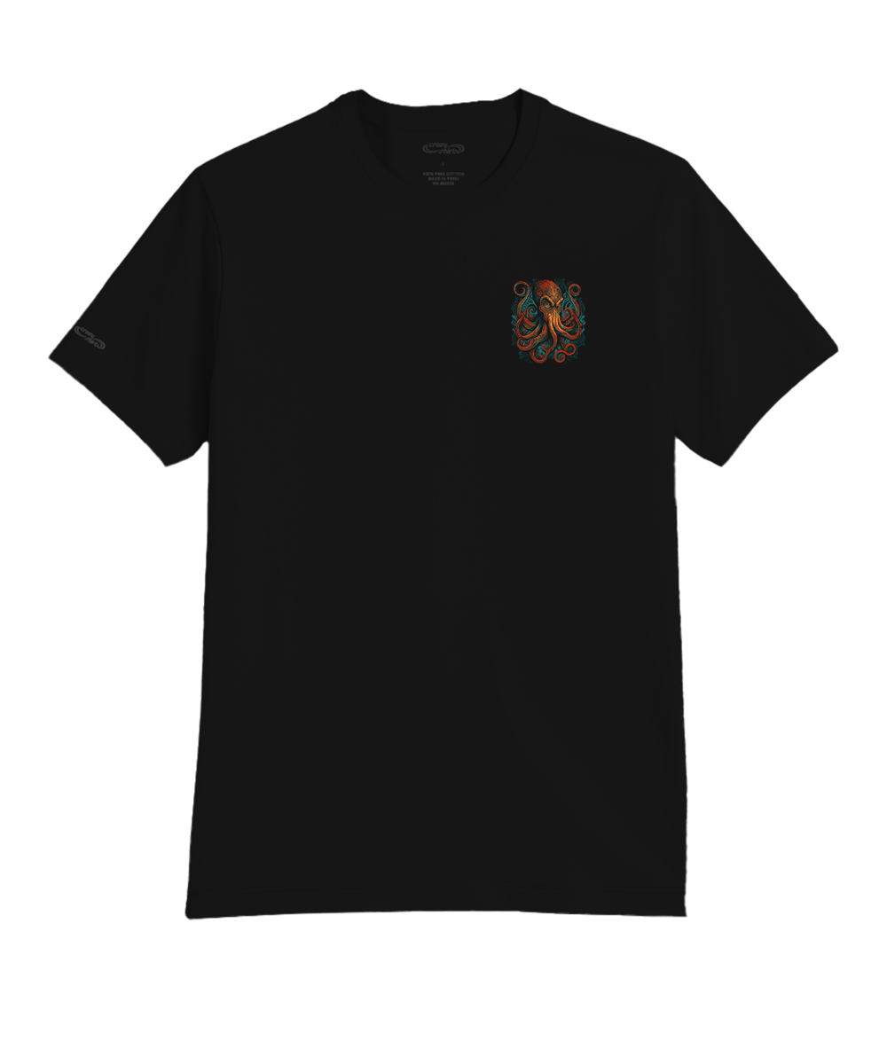 Black t-shirt with a colorful octopus design on a white background View 4