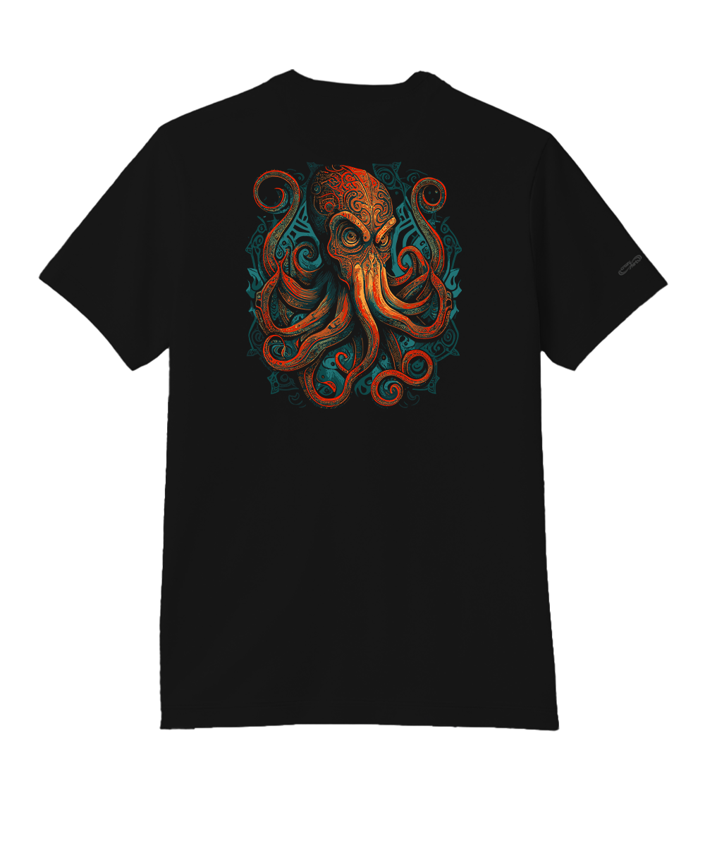 Black t-shirt with a colorful octopus design on a white background View 1