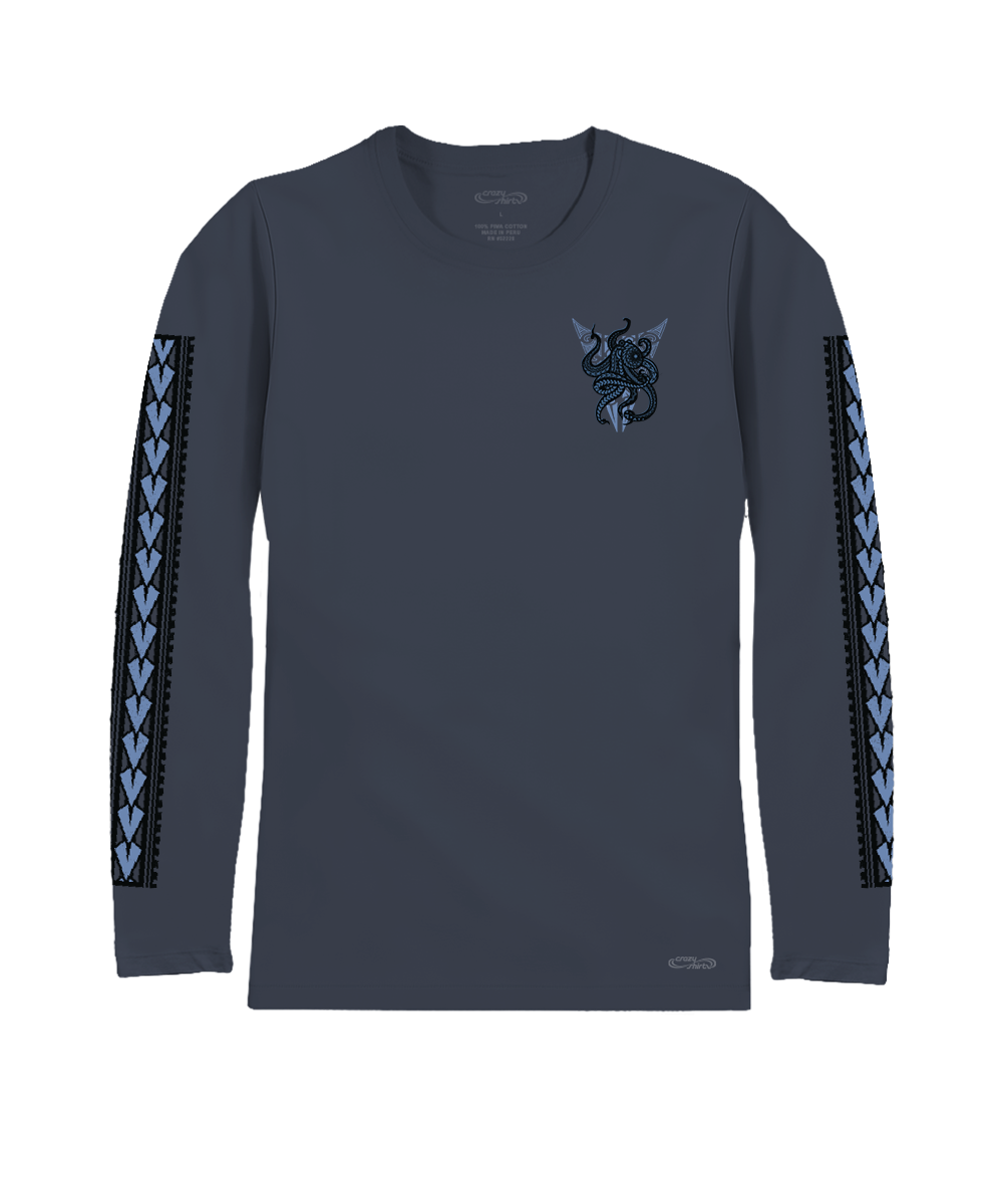 Gray long-sleeve shirt with blue octopus design on chest and blue designs on the sleeves on a white background View 4