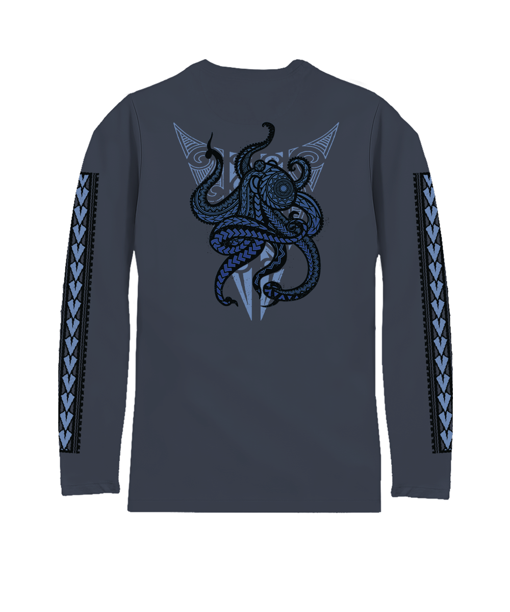 Long-sleeve shirt with a blue octopus design on the back against a white background View 1