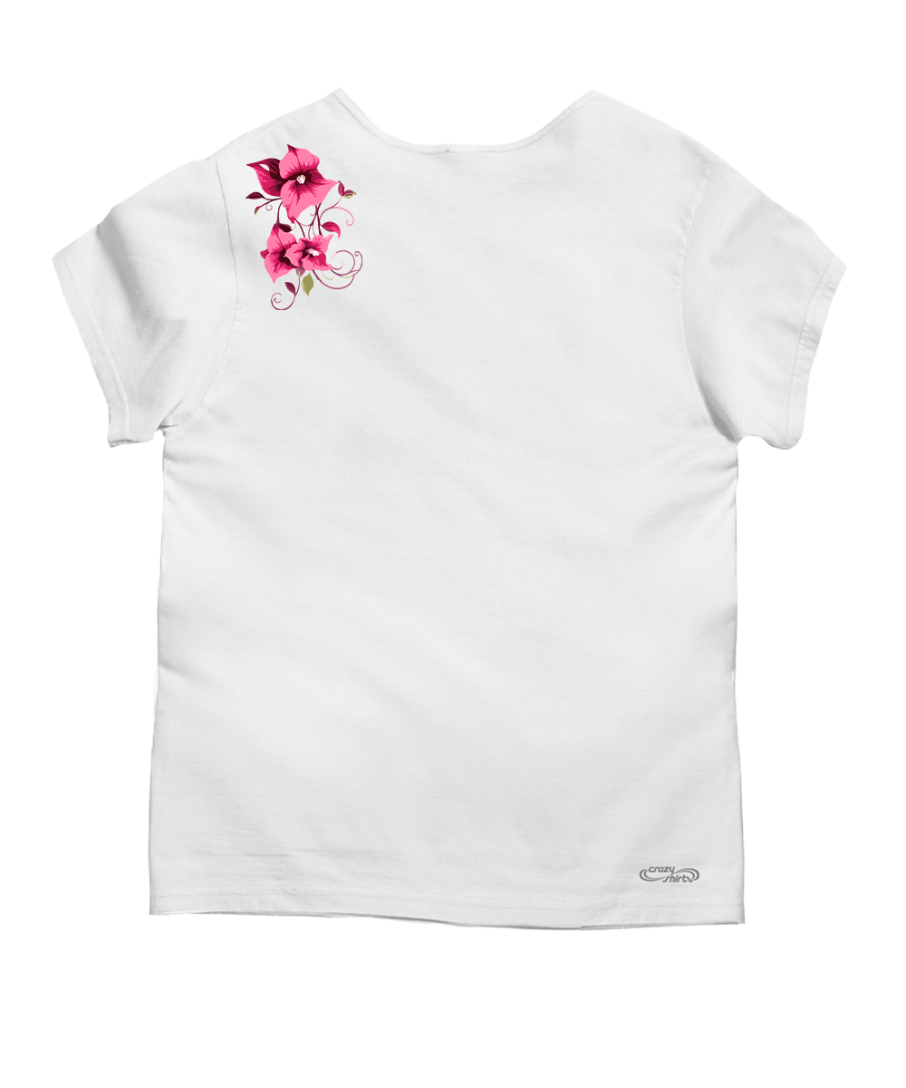 A white scoop neck t-shirt with a small Bougainvillea floral design in the top left shoulder area on a white background. View 4