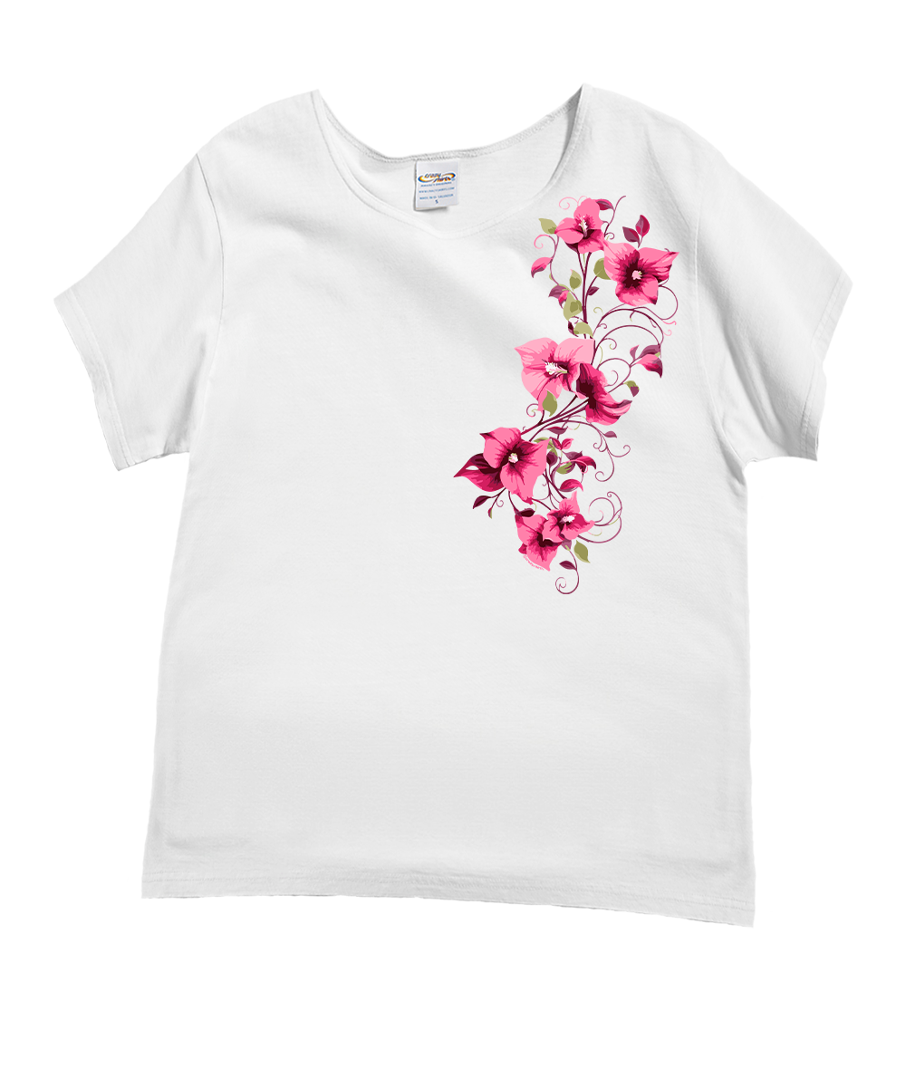 White t-shirt with pink floral design on a white background View 1