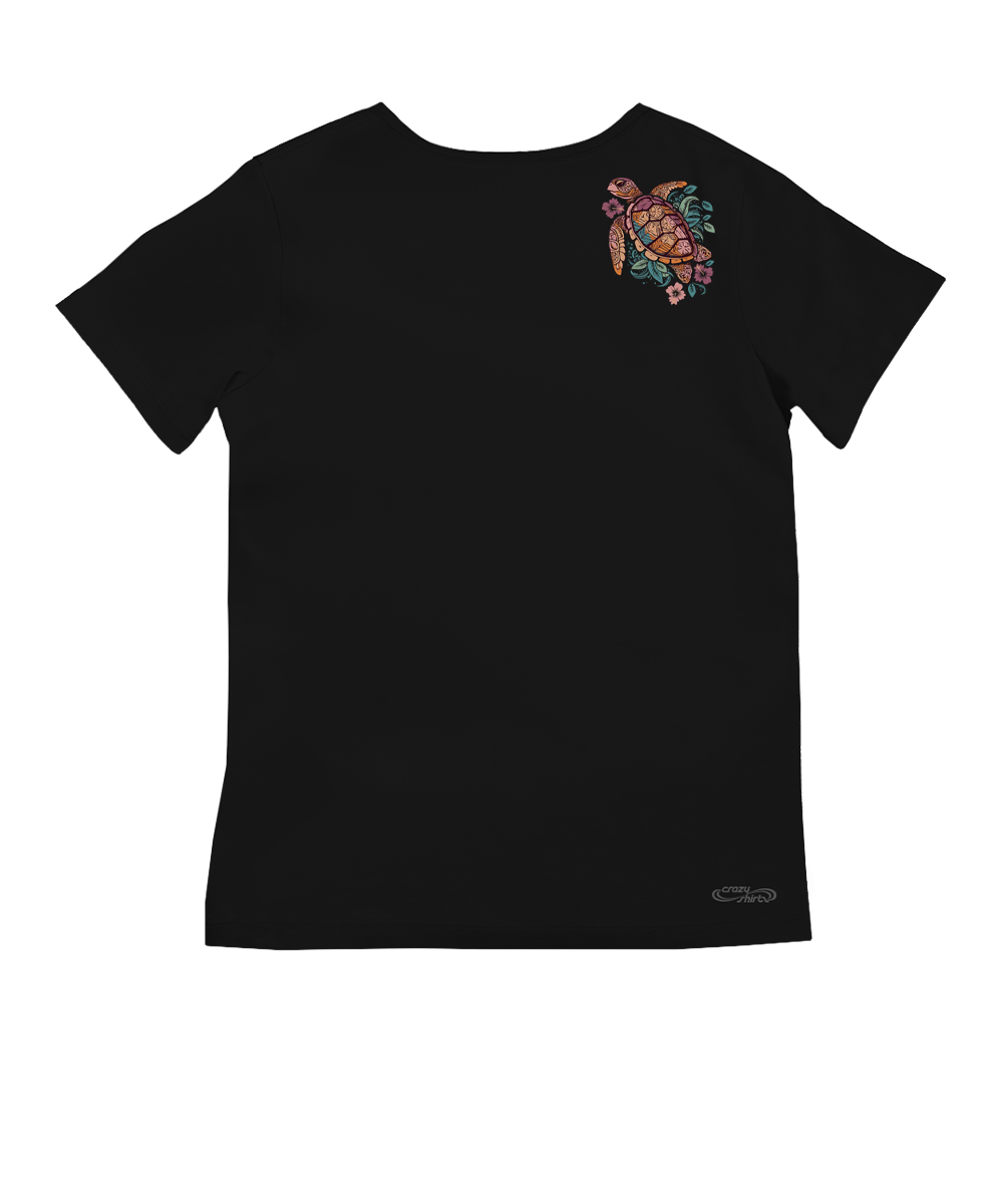 Tropical Floral Turtle - Jet Black Short Sleeve Pima V-Neck T-Shirt