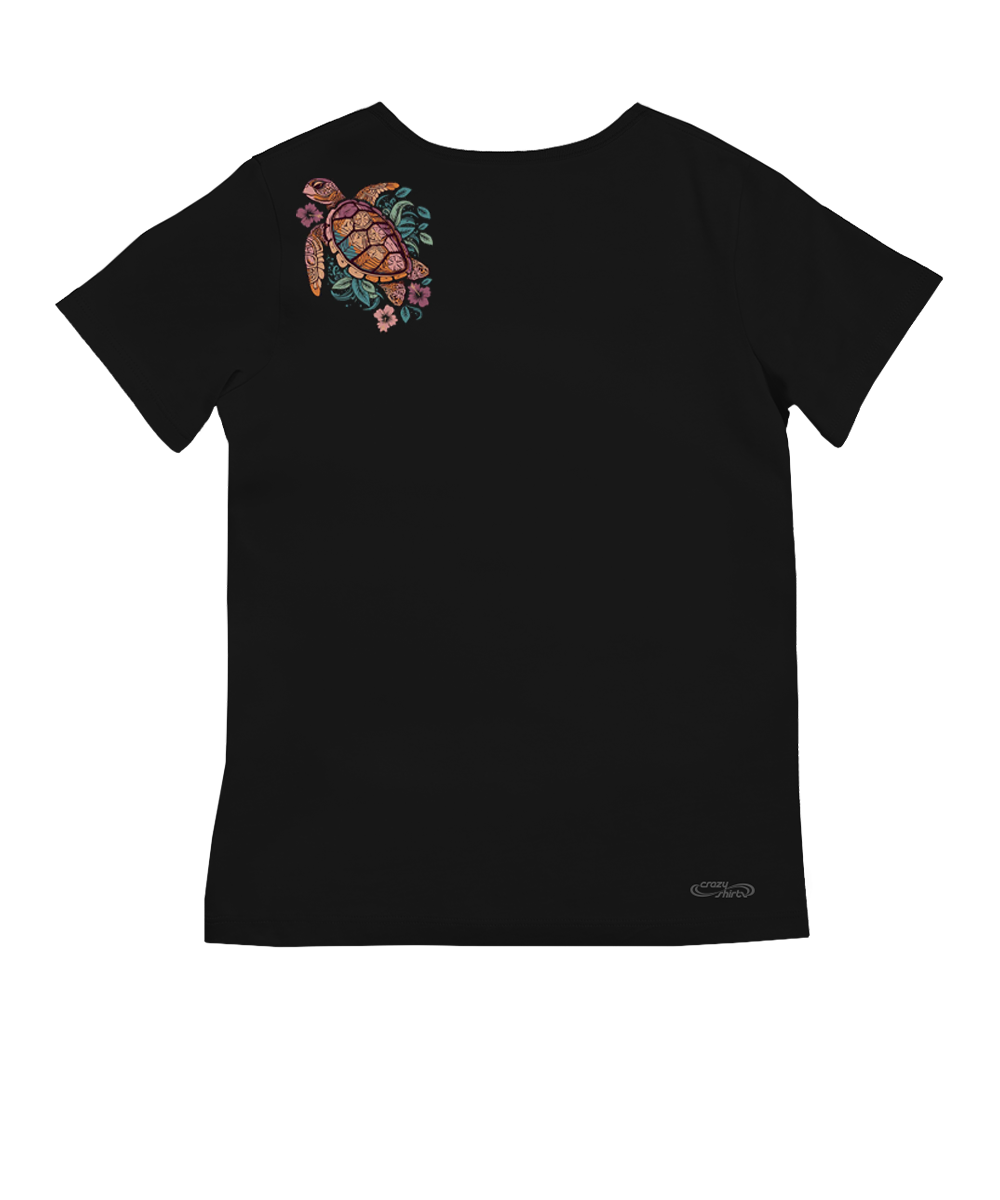 Black t-shirt with a colorful turtle design on top right shoulder on a white background View 4